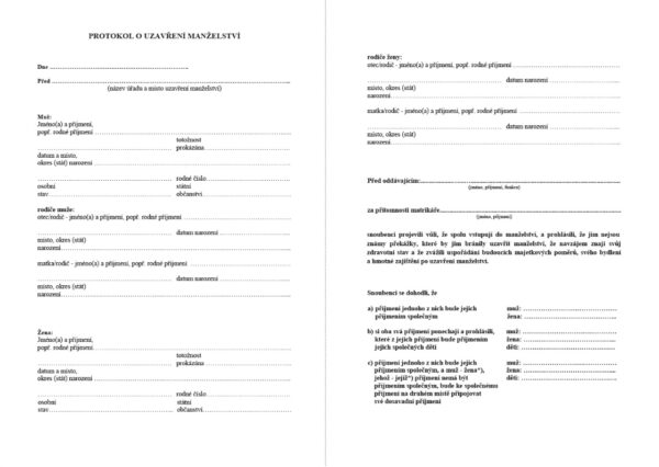 Protokol o uzavření manželství (strana 01+02)