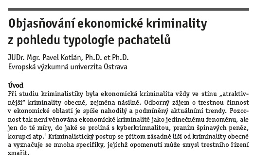 Objasňování ekonomické kriminality z pohledu typologie pachatelů
